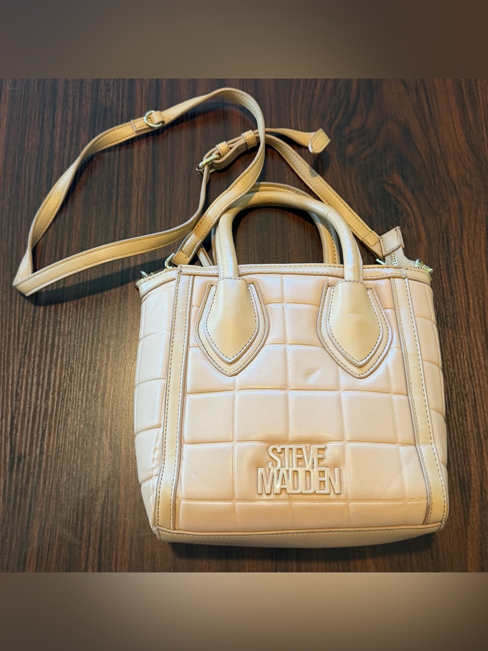 Steve Madden Beige Quilted Mini Satchel with Gold Hardware